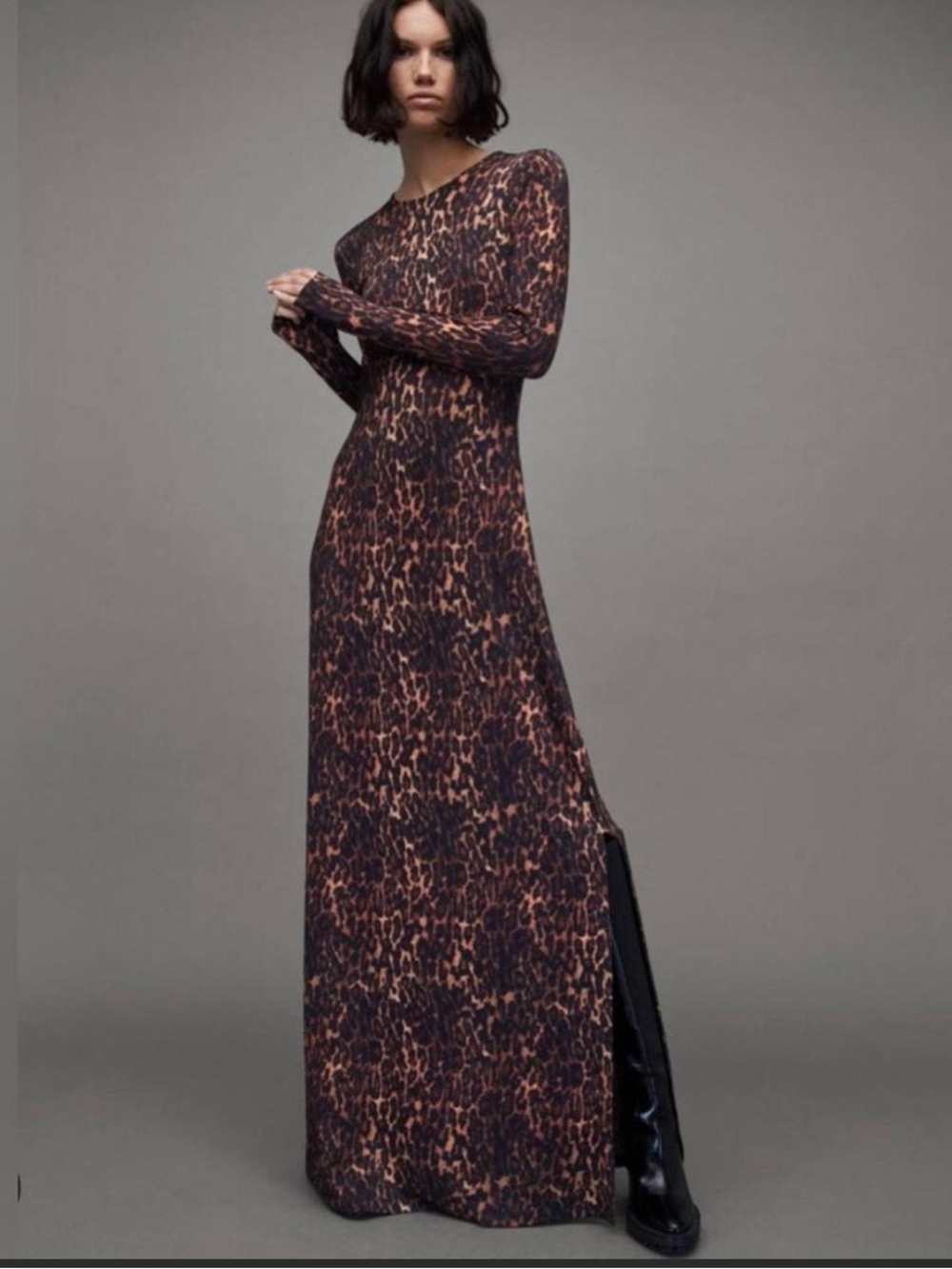 AllSaints Brown and Black Leopard-Print Long Sleeve Maxi Dress